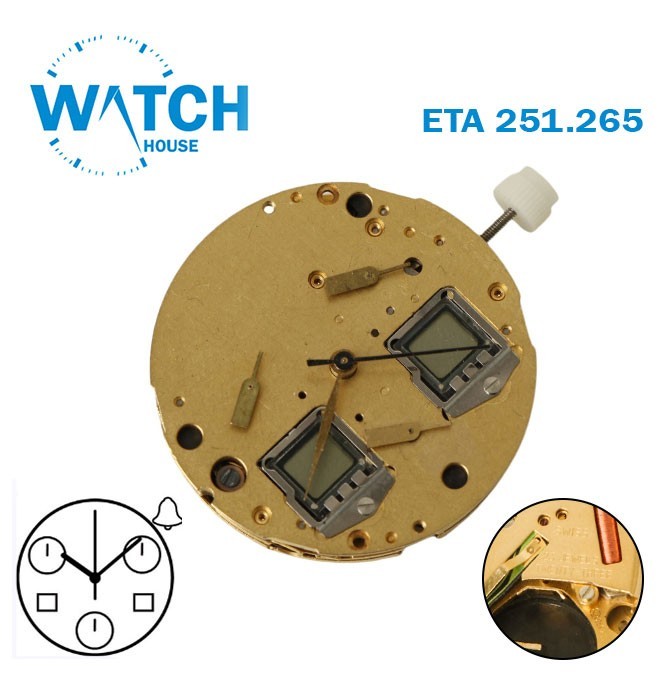 ETA 251.265 Swiss Movement, 23 Jewels, Digital, Analog, Chronograph, Alarm.