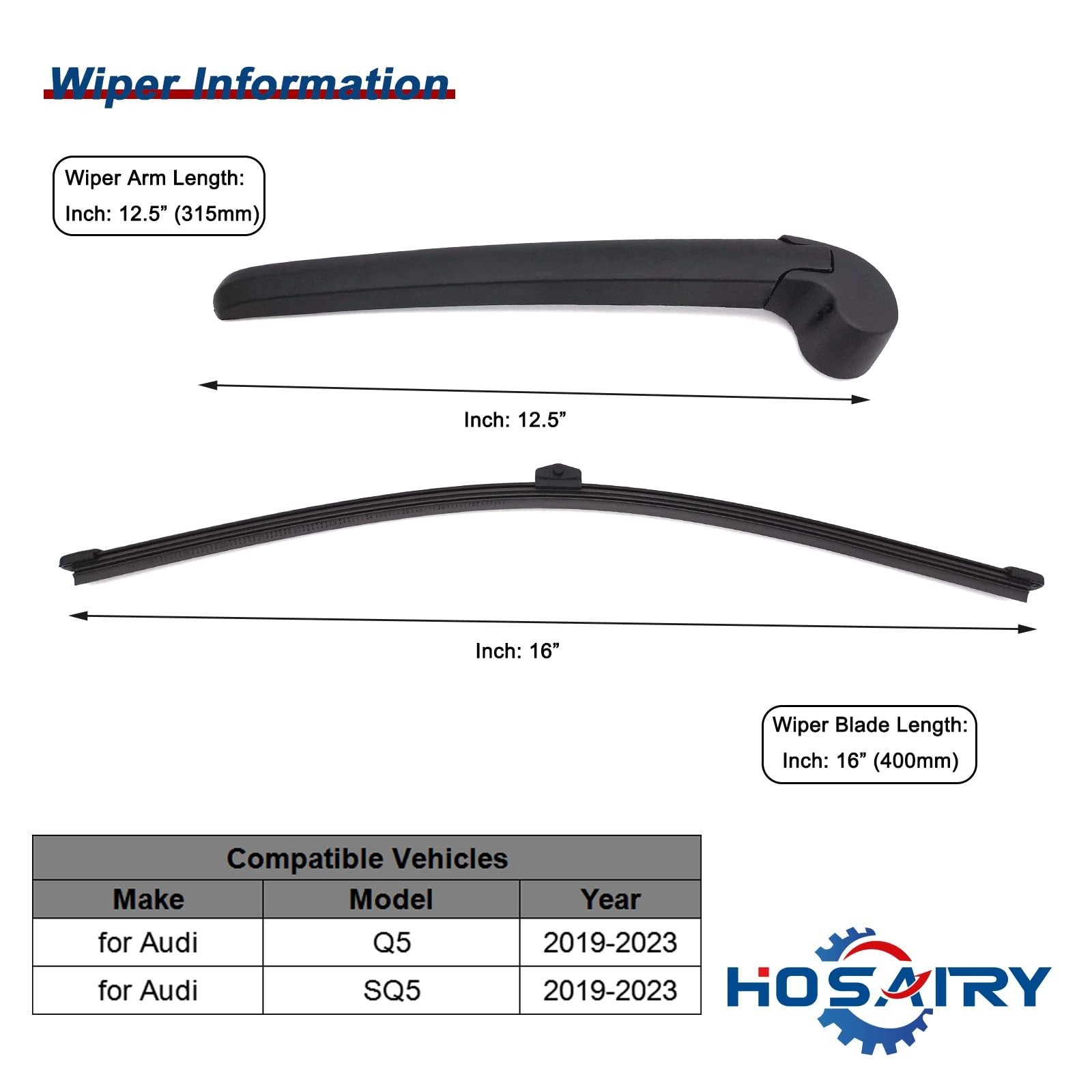 Rear Wiper Arm Blade Set for Audi Q5 SQ5 2019-2023 Rear Windshield Wiper Arm …