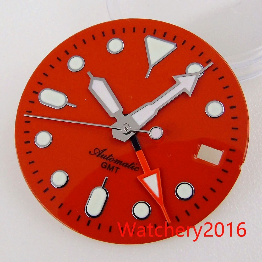 29MM GMT Dial Fit NH34 NH34A Green Luminous Black Orange Watch Dial Date Window