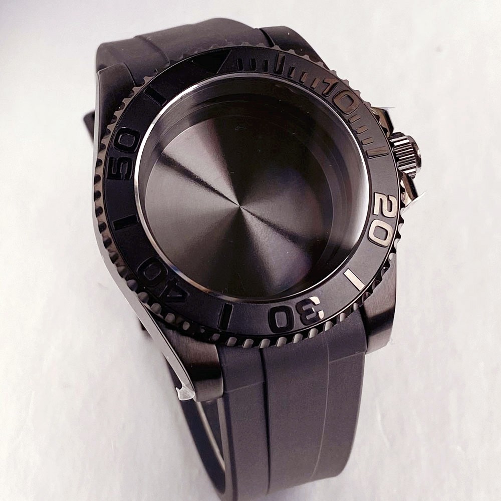 40mm Black PVD Sapphire Watch Case 20ATM Luminous Dial Fit NH35A NH36A Rubber