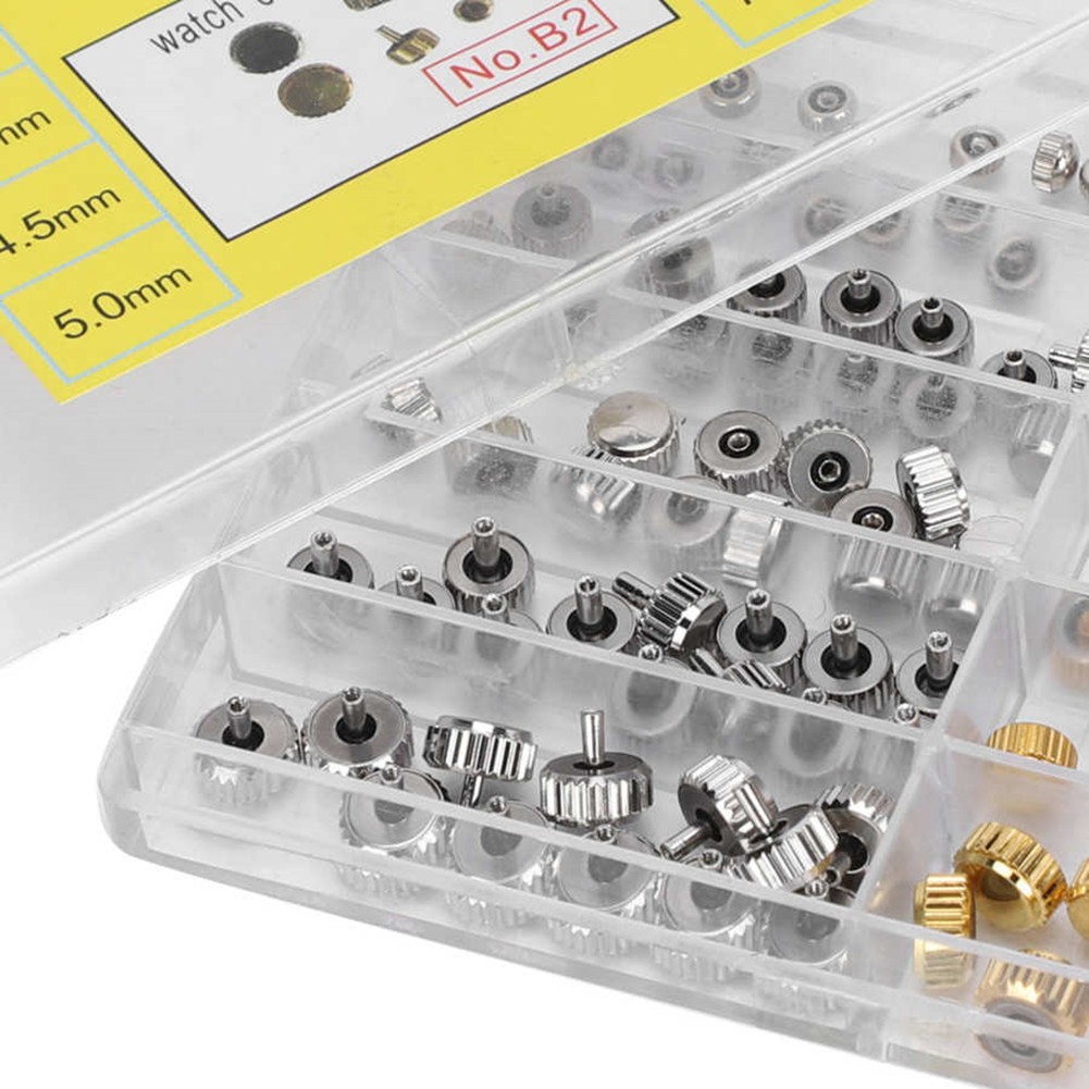 100Pcs Brass Watch Crown Watchmaker Repair Spare Parts Silver&Gold Heads Box B