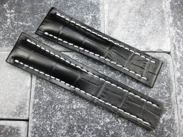 24mm Super Avenger Black Deployment Leather Strap A Watch Band for BREITLING