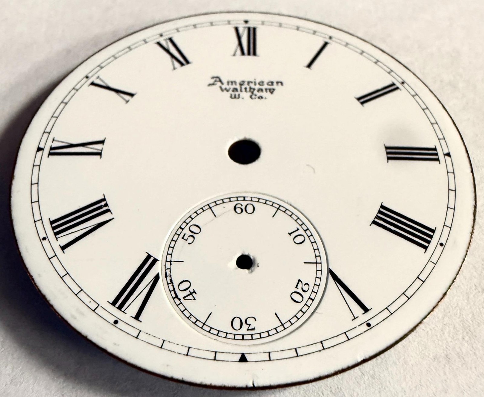 ANTIQUE 18 SIZE WALTHAM PORCELAIN ENAMEL POCKET WATCH DIAL FOR PARTS 45.88mm