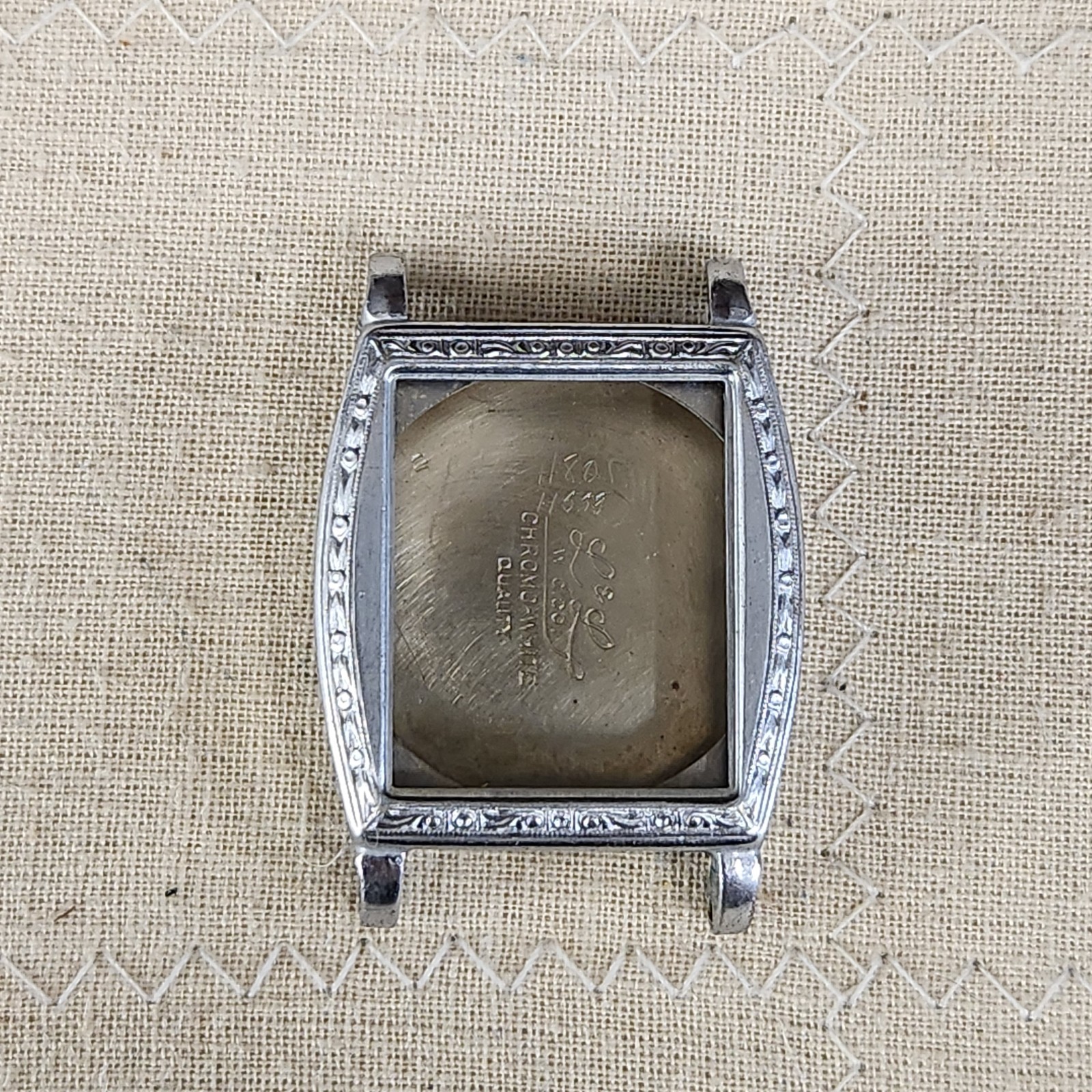 Vintage Hinged Men’s Wristwatch Case Chrome Plated Art Deco Engraved