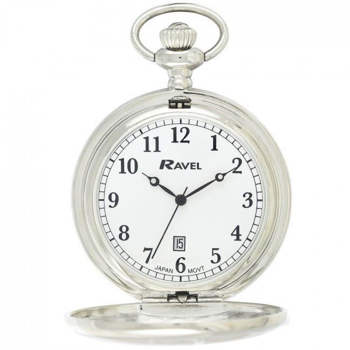 Silver Pocket Watch with Date Window, Classic Full Arabic Dial, Chain Included