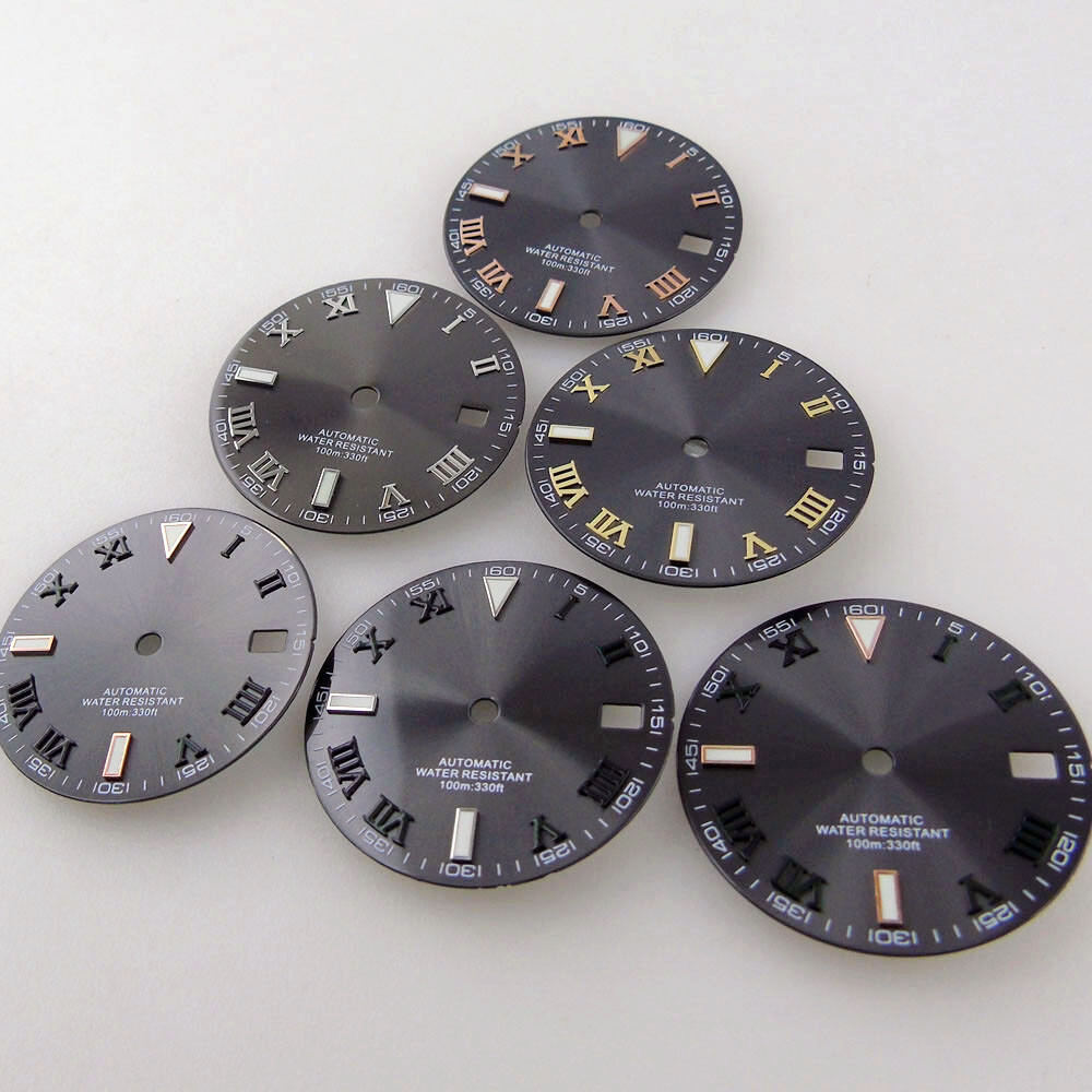29mm Grey Sunburst Watch Dial Fit NH35A NH36A Movement Roman Number Marks Date