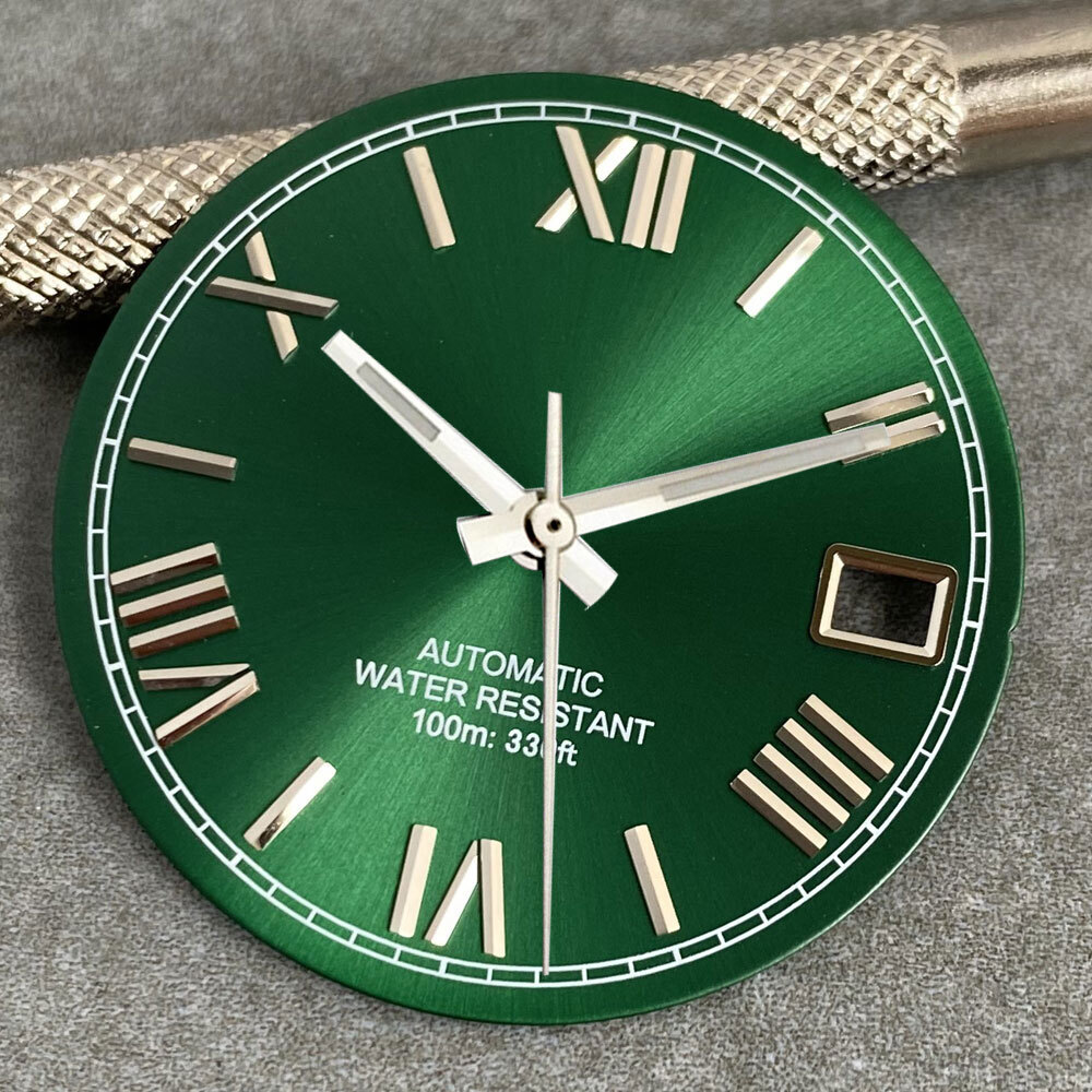 Silver Black Green 29mm Sunburst Watch Dial Gold Roman Numeral fit NH35 NH36