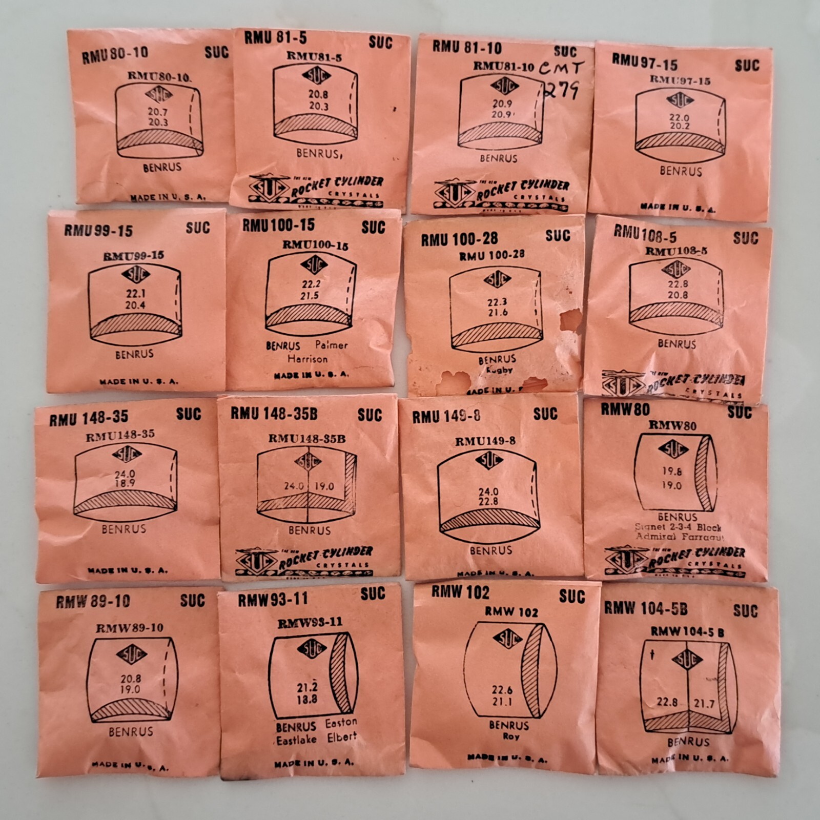 BENRUS WATCH CRYSTALS NOS – SUC BRAND (RMU-RMY VARIETIES)