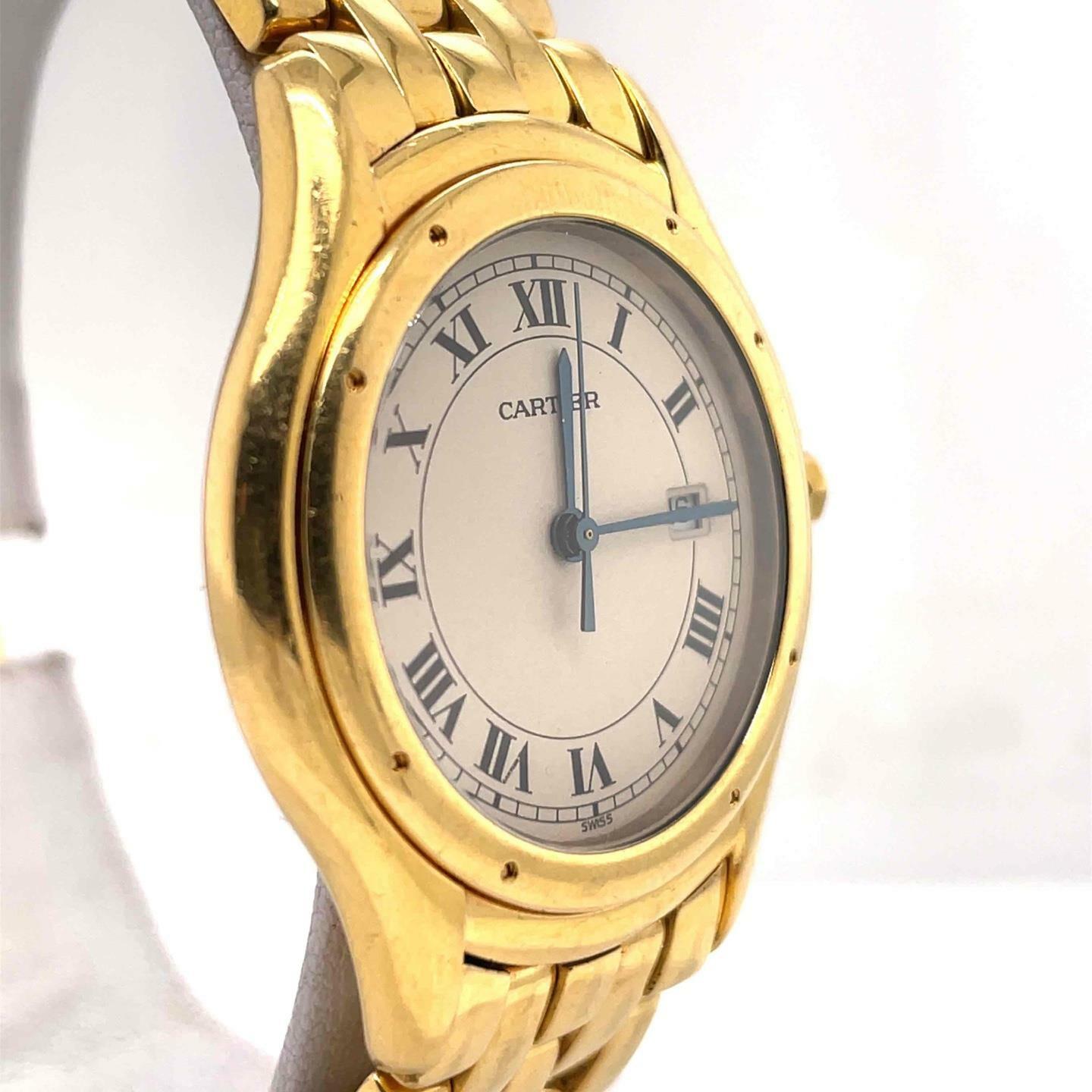 Cartier Cougar Quartz 32mm 18k Yellow Gold Silver Roman Dial Ladies Watch 887904