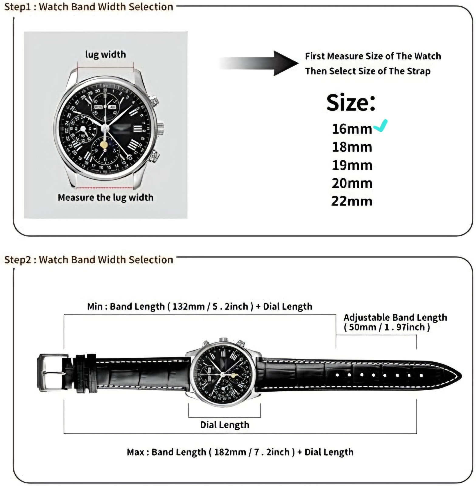 Leather Watch Strap Genuine 16mm Replacement Band, Black Watchstrap Silver Clasp