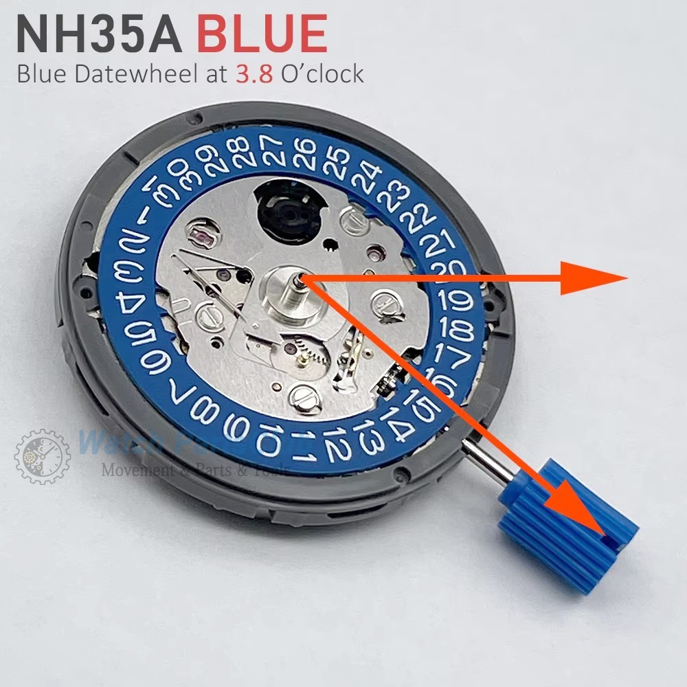 NEW Genuine Japan NH35A Movement Blue Datewheel 3H/3.8H Crown 24 Jewels 21600bph