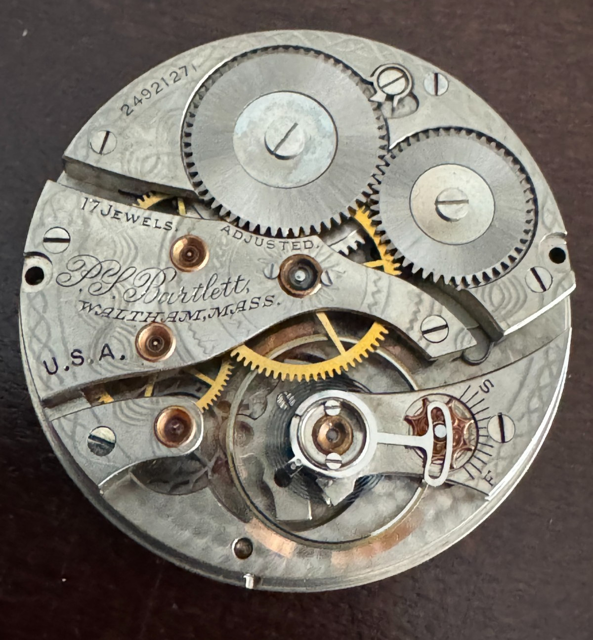 VINTAGE 16 SIZE WALTHAM P.S. BARTLETT POCKET WATCH MOVEMENT M# 1908 KEEPING TIME
