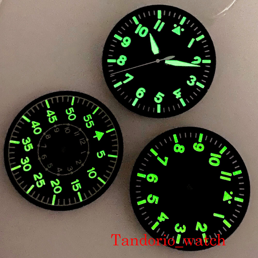 35.5mm Black Sterile Watch Dial Hands Green Luminous Fit NH35 NH36 MIYOTA82 ETA