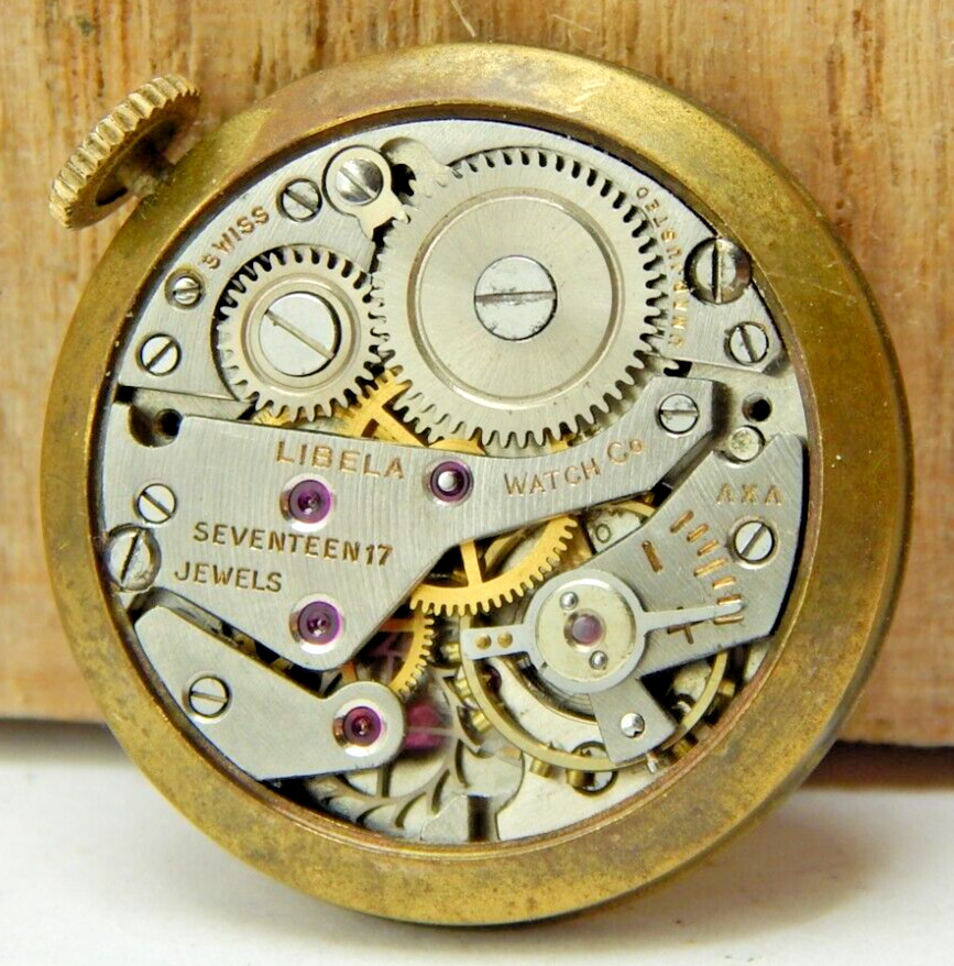 Vintage Libela 17 jewel wrist watch movement with dial hands & crown stem combo
