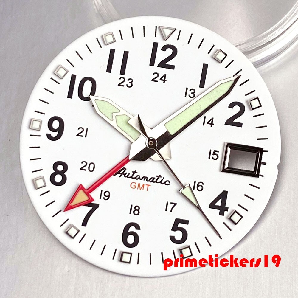 29mm Automatic GMT Pilot Watch Dial+Hands Date Green Lume Wristwatch Mod Parts