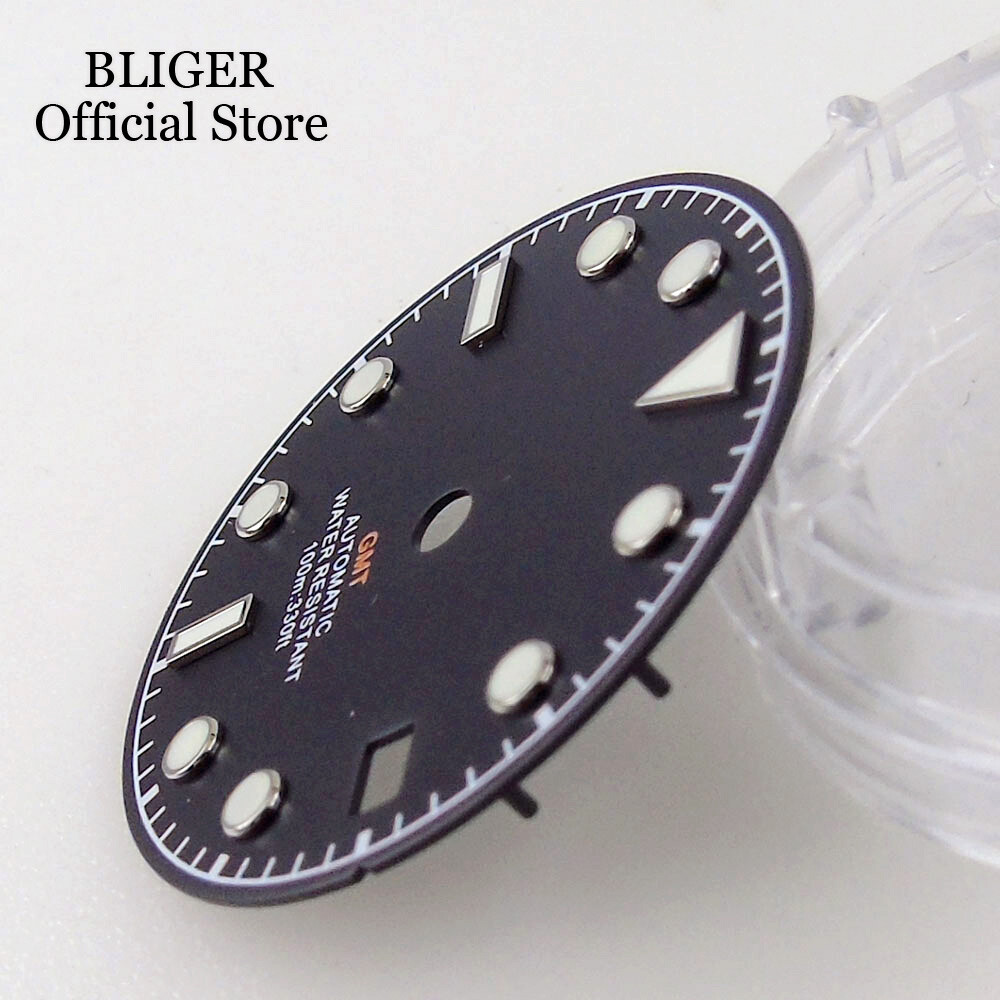 Luminous Black White Blue NH34A 29mm Watch Dial Face Date Window fit NH34 GMT