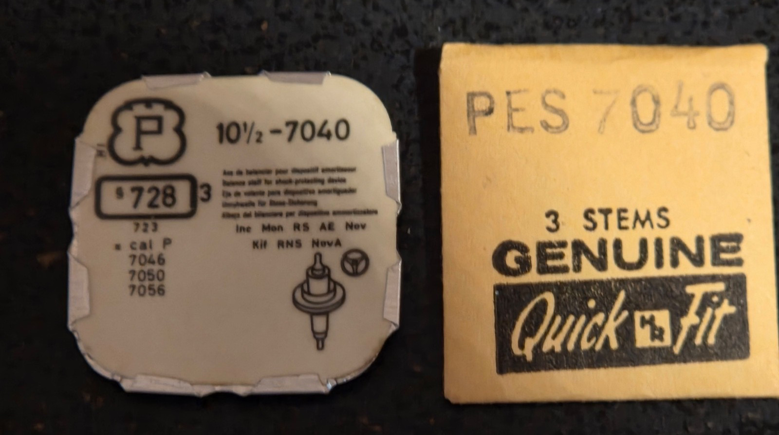 3 stems and 3 balance staffs for Peseux 7040. Original packaging.