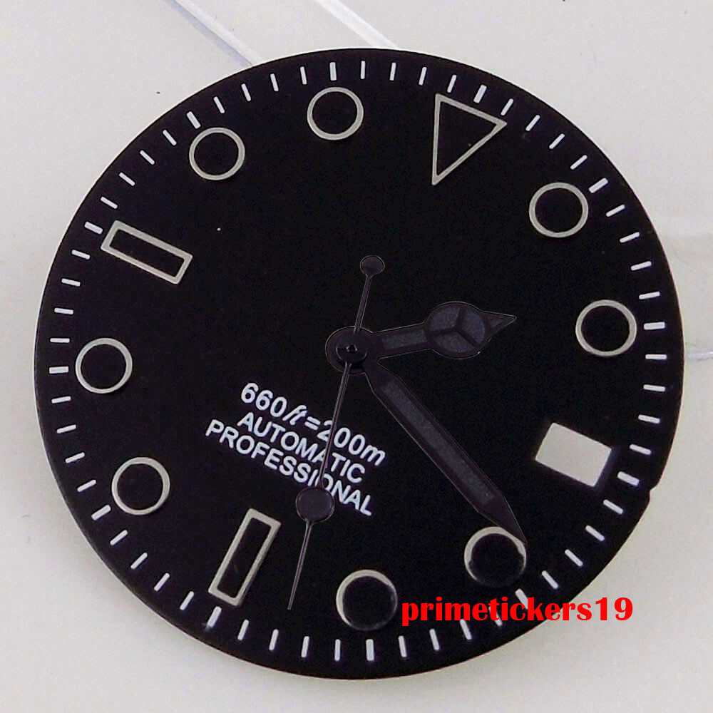 28.5mm Black/White/Green Sterile Watch Dial Face Hands Date Window Fit NH35 Movt