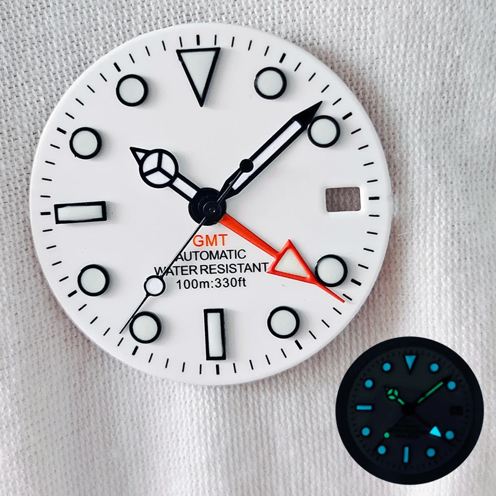 NH34 NH34A Movement GMT 28.5mm White Black Sterile Watch GMT Mark Dial Luminous