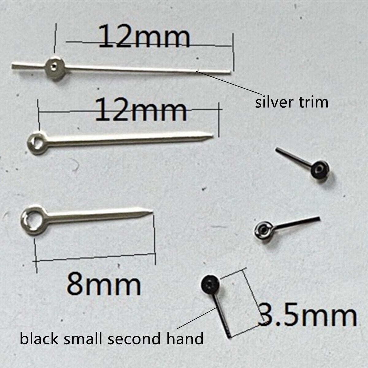 2 Sets Black Small Second Hands Silver Trim Hand Set for VD53 VD54 VD57 Movement