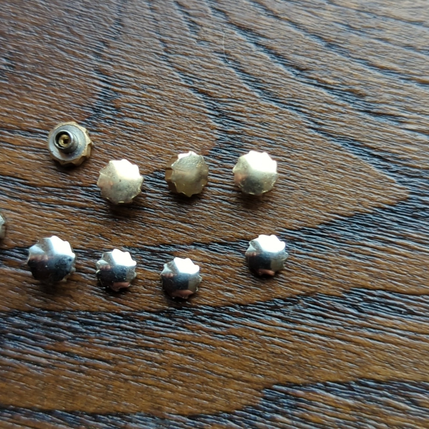 Lot of 9 Pieces of Steel and Gold Buzz Saw Shaped Watch Crowns 4.75mm 5.1mm H70