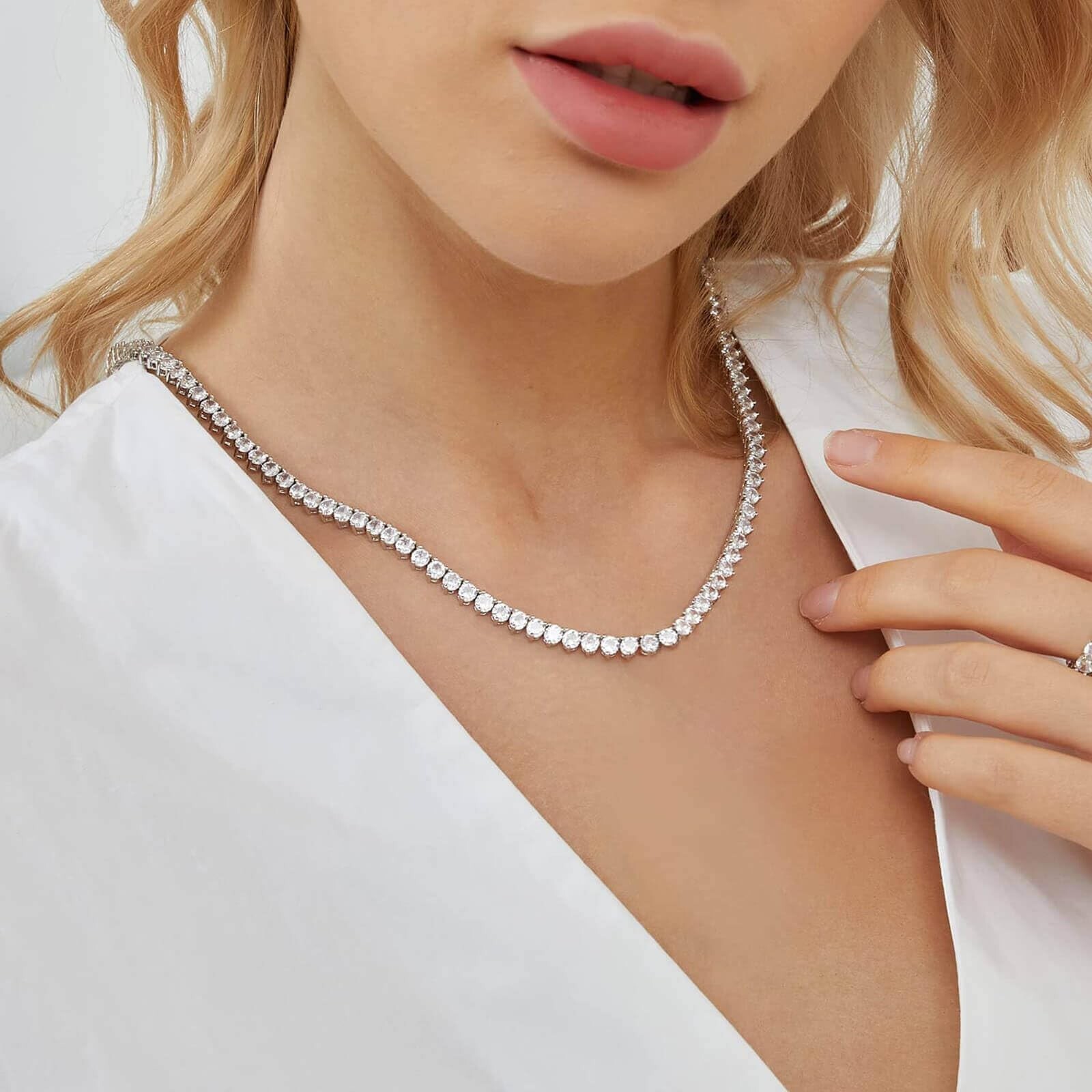 Gemsme 4mm Tennis Necklaces for Women – 3 Prong 18K White Gold Plated Round C…