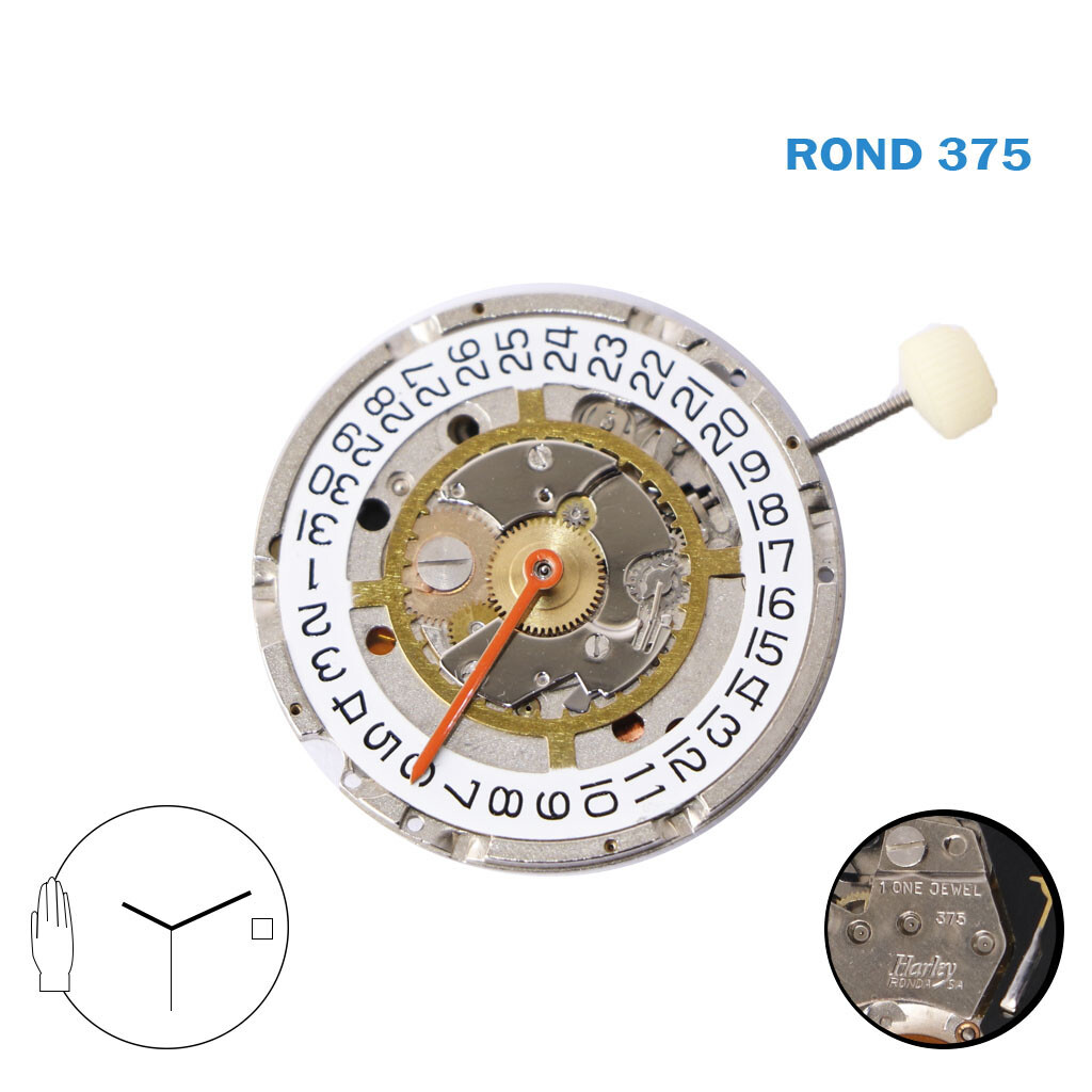 Ronda Caliber 375 SWISS🇨🇭 Made Movement ,White Date Disk at 3,3HANDS, 6 Jewels