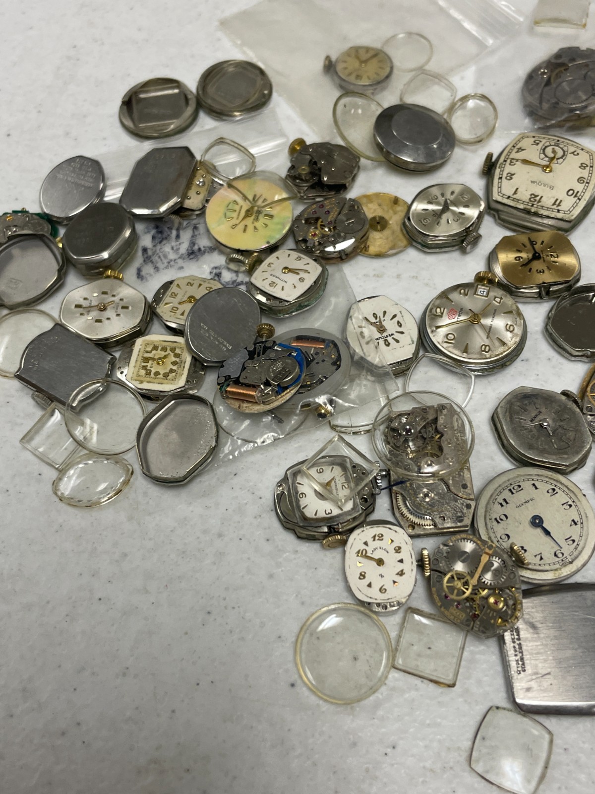 Vintage Watch Repair Parts Lot Movements Cases Dials Crystals Bulova Elgin Craft