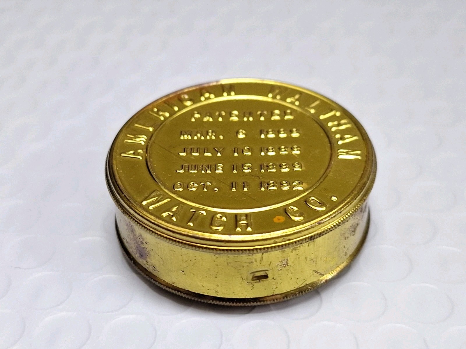 American Waltham Watch Co. Pocket Watch Movement Holder Container Tin 16s EMPTY