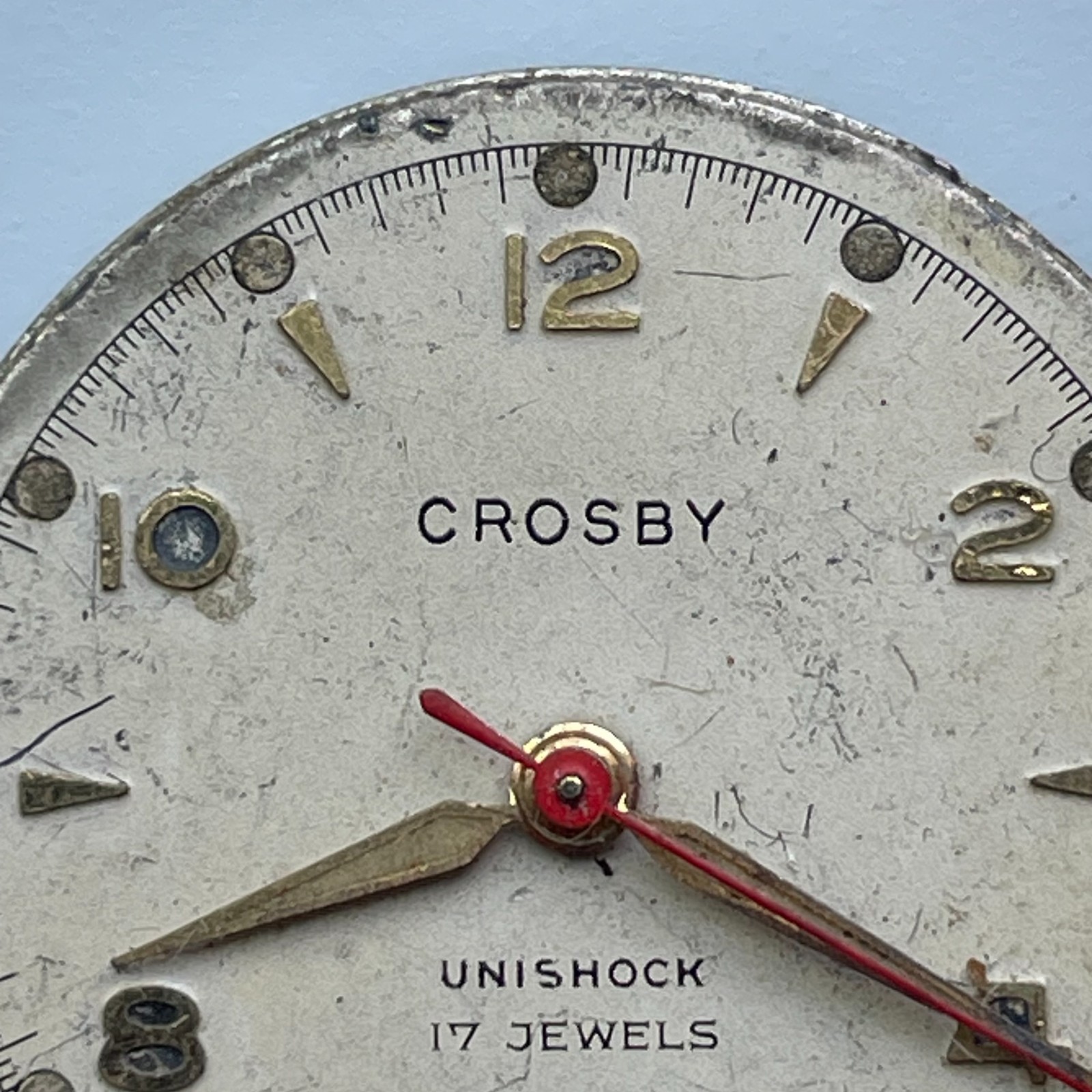 Vintage CROSBY 17 Jewels Unishock Watch Movement & Dial Swiss Made Parts Repair