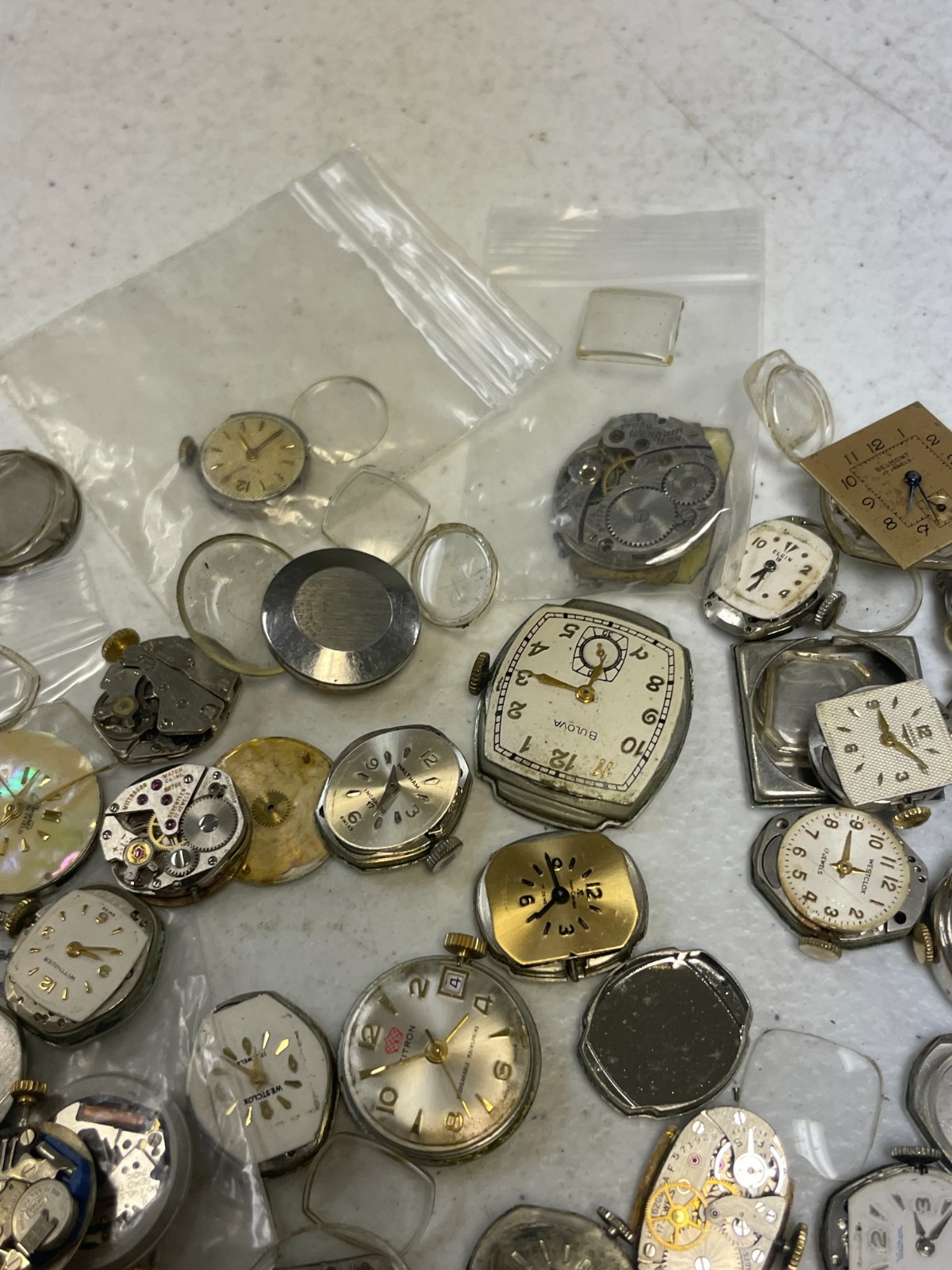 Vintage Watch Repair Parts Lot Movements Cases Dials Crystals Bulova Elgin Craft