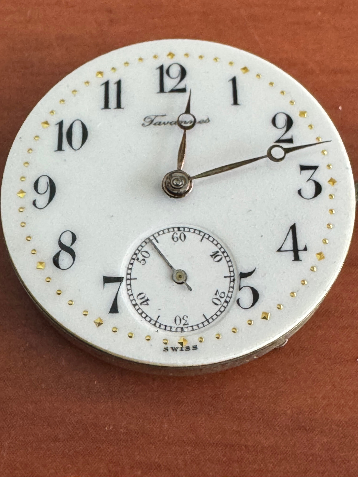 VINTAGE 0 SIZE TAVANNES POCKET WATCH MOVEMENT FANCY DIAL 15 JEWEL KEEPING TIME