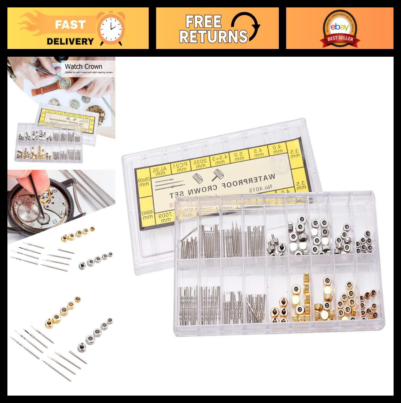 Stainless Steel Watch Crown & Stem Set – Assorted Repair Tool Kit with Storage B