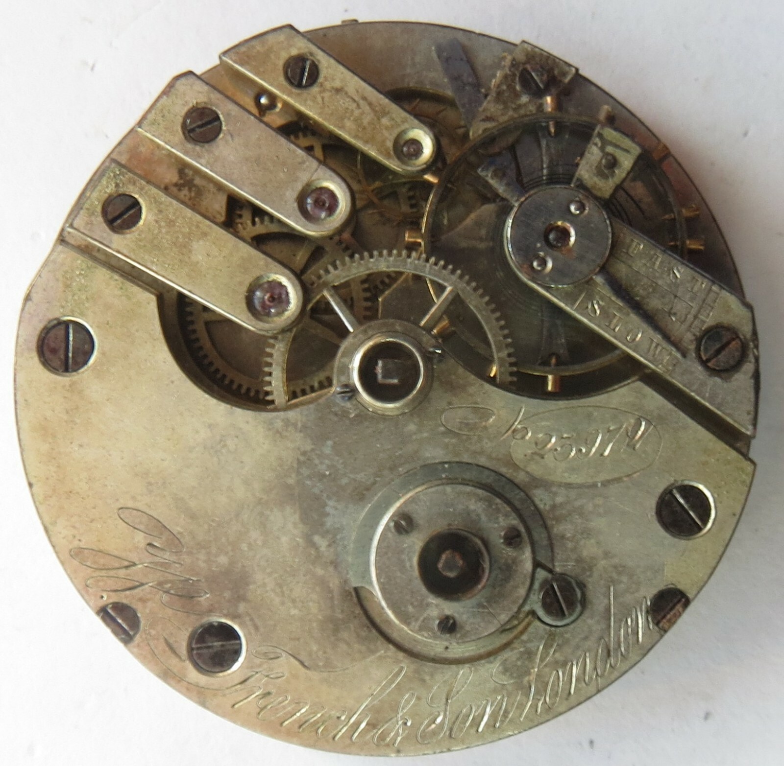 W. French & Son Pocket Watch movement & enamel dial key wind balance Ok.