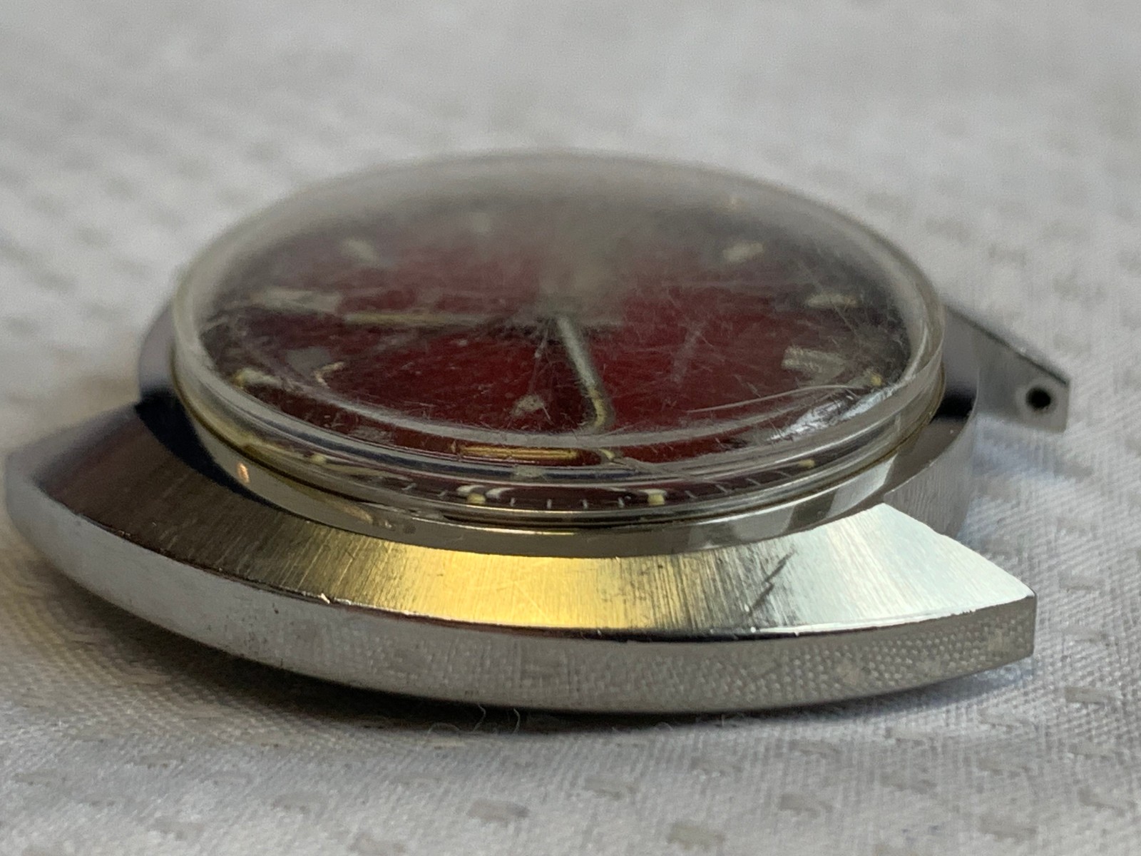 Vtg Bulova Mens Automatic Watch Face Red Dial Day Date Calendar *RUNNING*