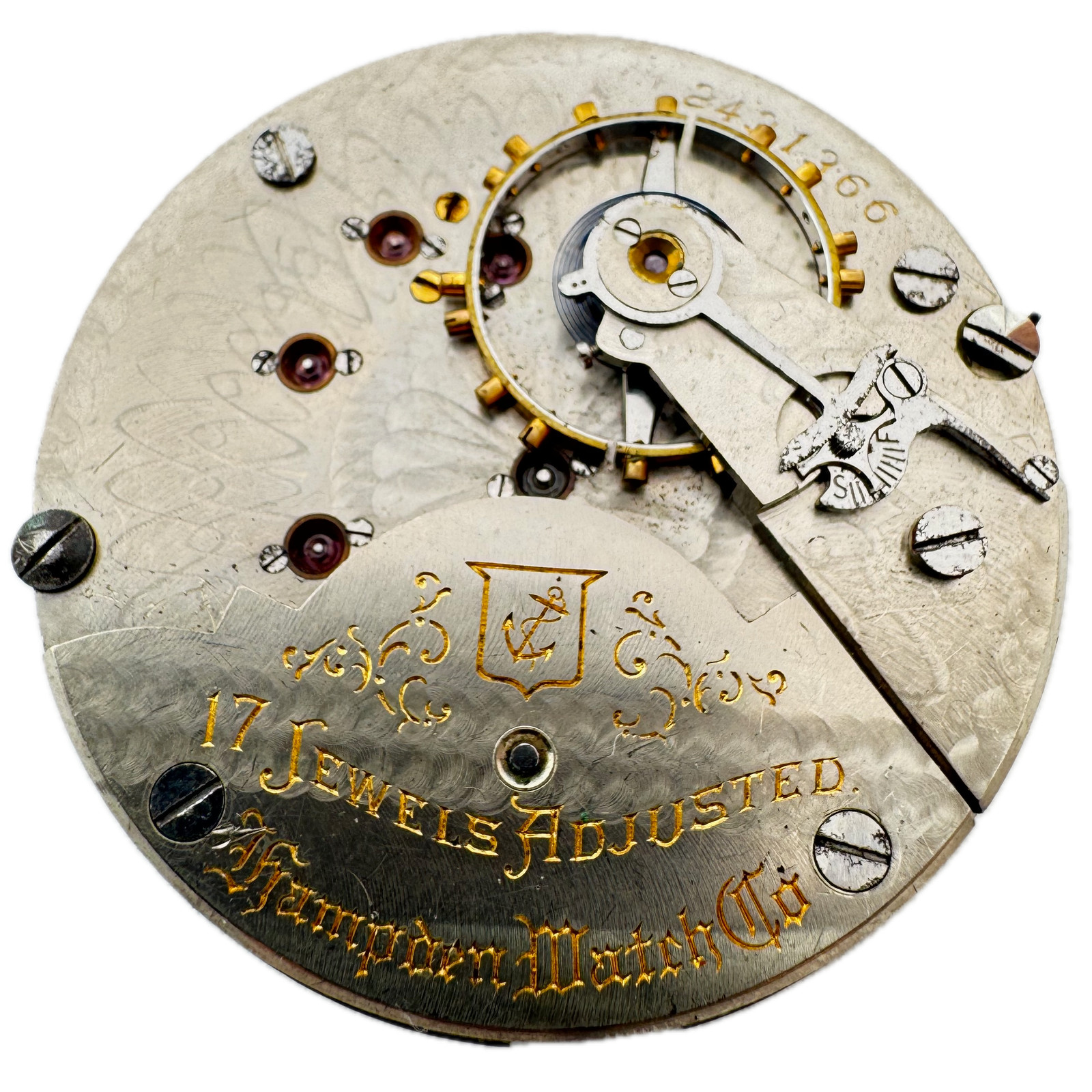 Antique 18s 1908 Hampden Roman Double Sunk Railroad Pocket Watch Movement Anchor