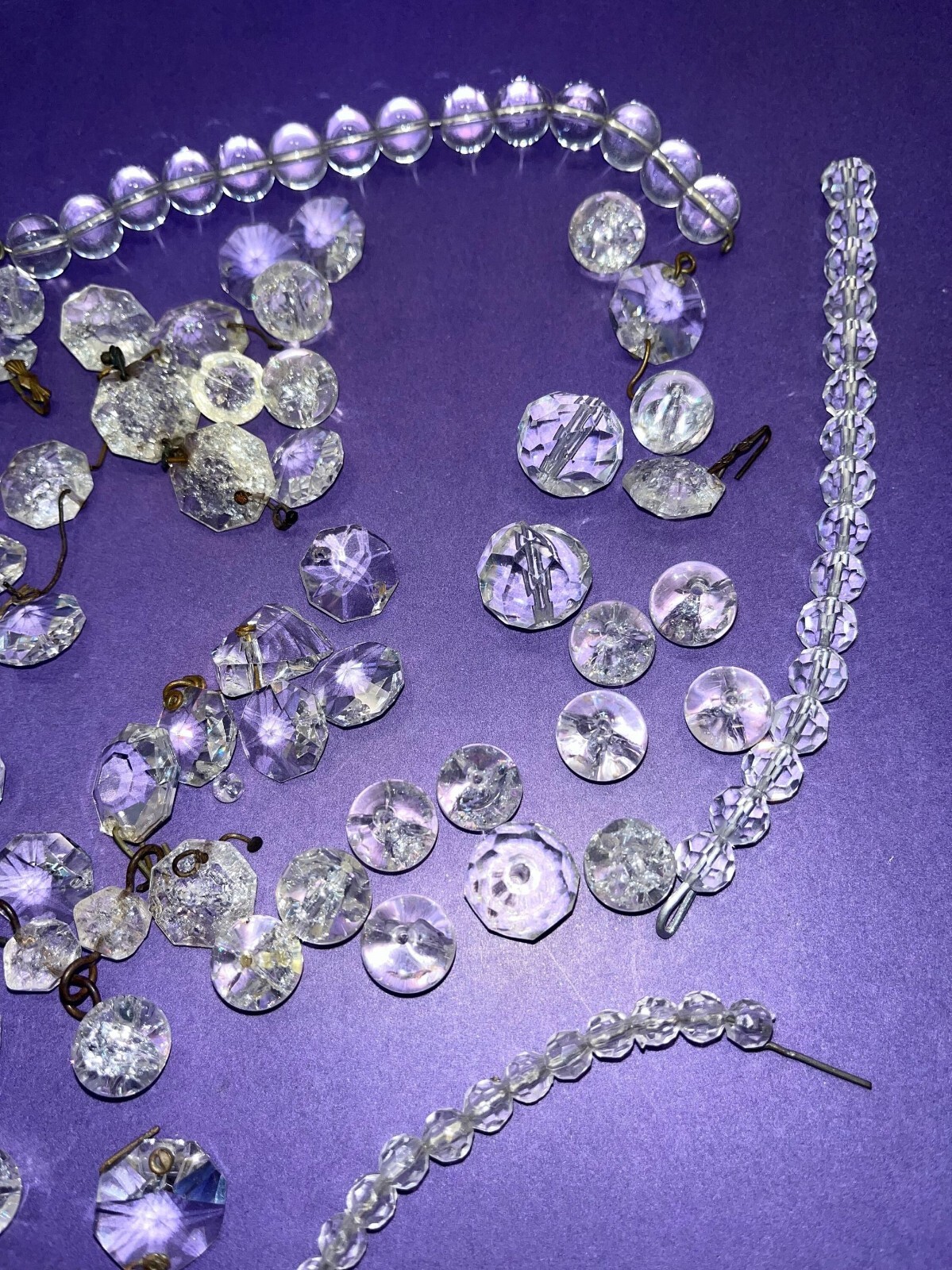 Antique Crystal Lot, 4 Wired Glass Crystals Longest 11″, Round Antique crystals,