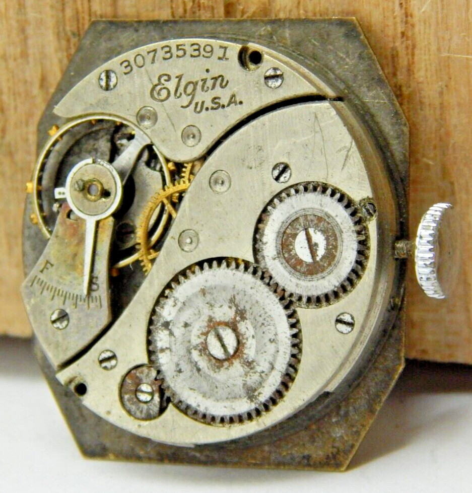Vintage Elgin 1928 Grade 430 model 1 7 jewel 6/0s watch movement dial & crown