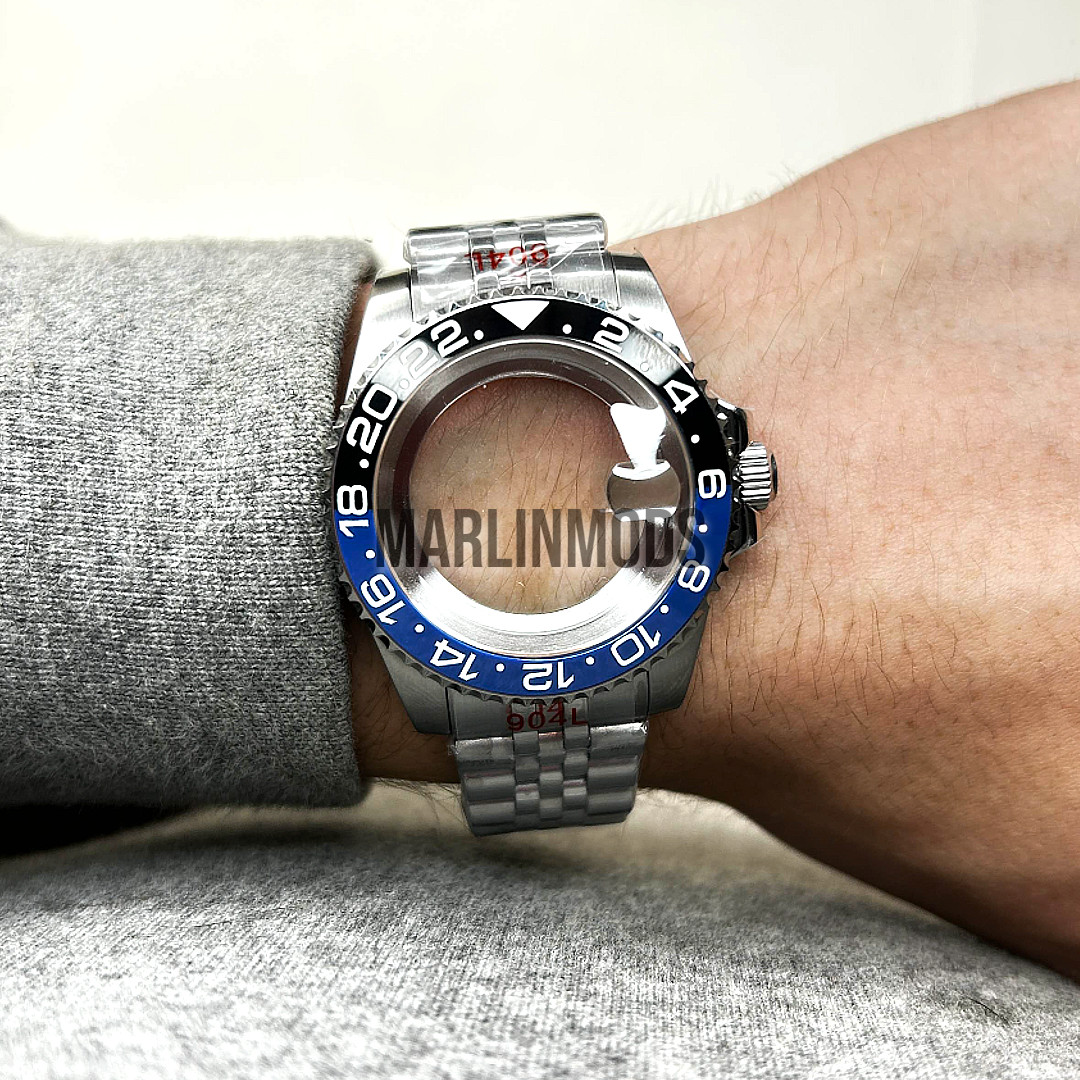 Silver 40MM 20ATM GMT Ceramic Bezel Watch Case Sapphire Mod Fit NH34 NH35 NH36