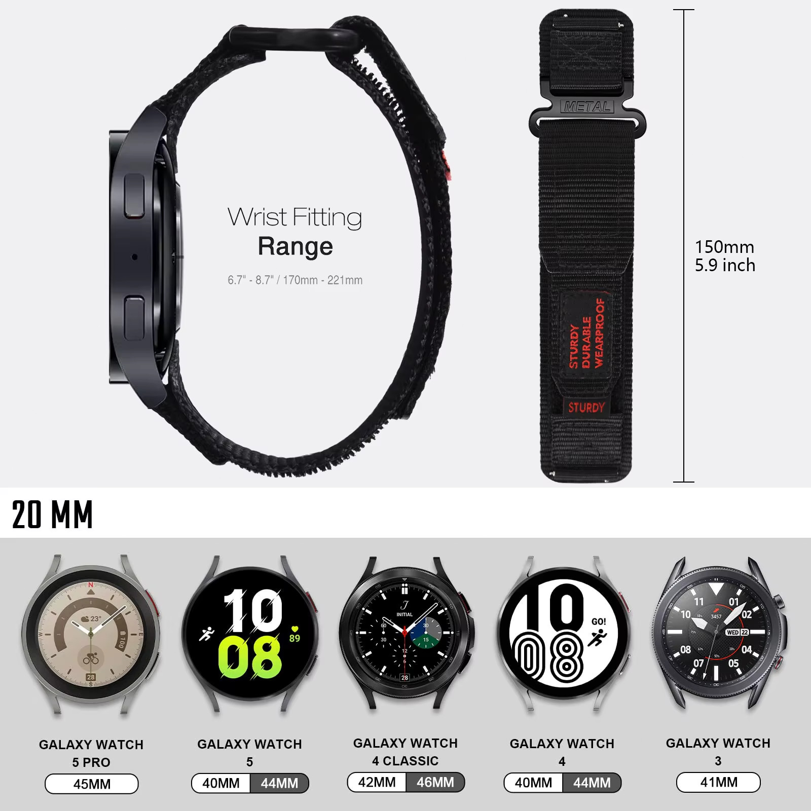 Universal Quick Release Rugged Military Nylon Band Strap 20mm 22mm Smart Watch