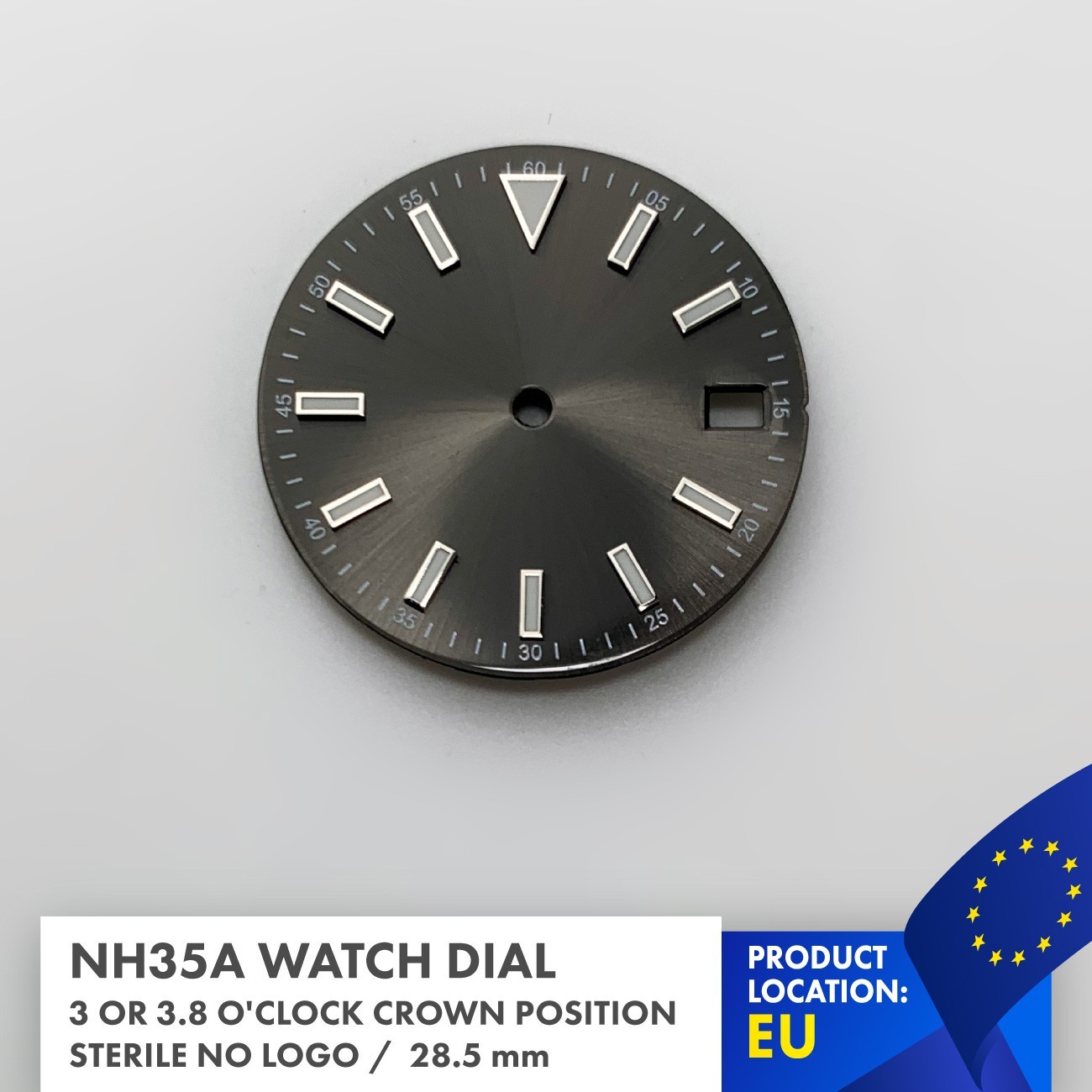 28.5mm Sterile Watch Dial Fit NH35 – Black / Graphite Sunburst Steel Luminous