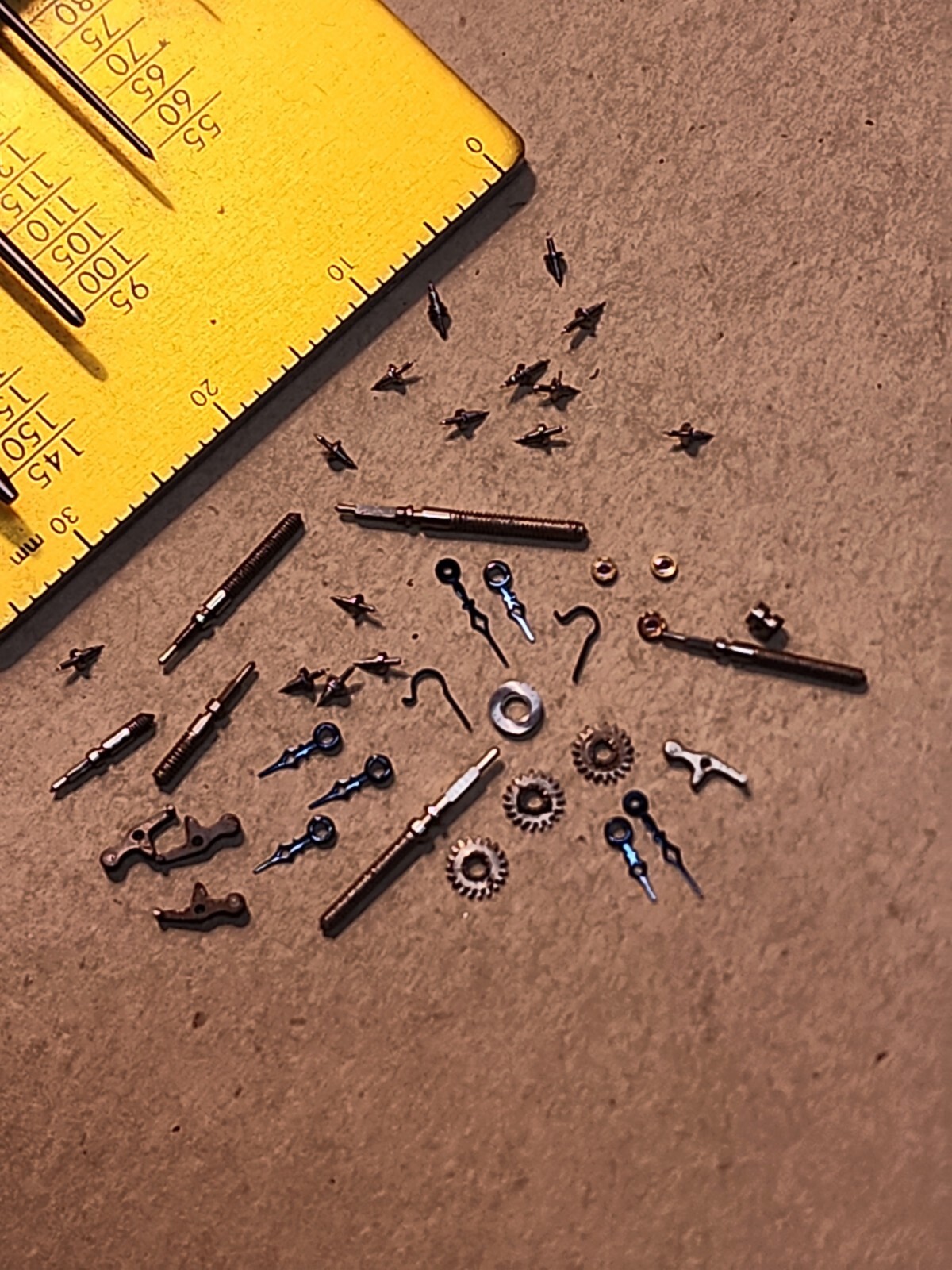 Lot Of NOS Elgin 21/0 Mixed Parts-Stems, Balance Staffs, Jewels, Hands, Etc