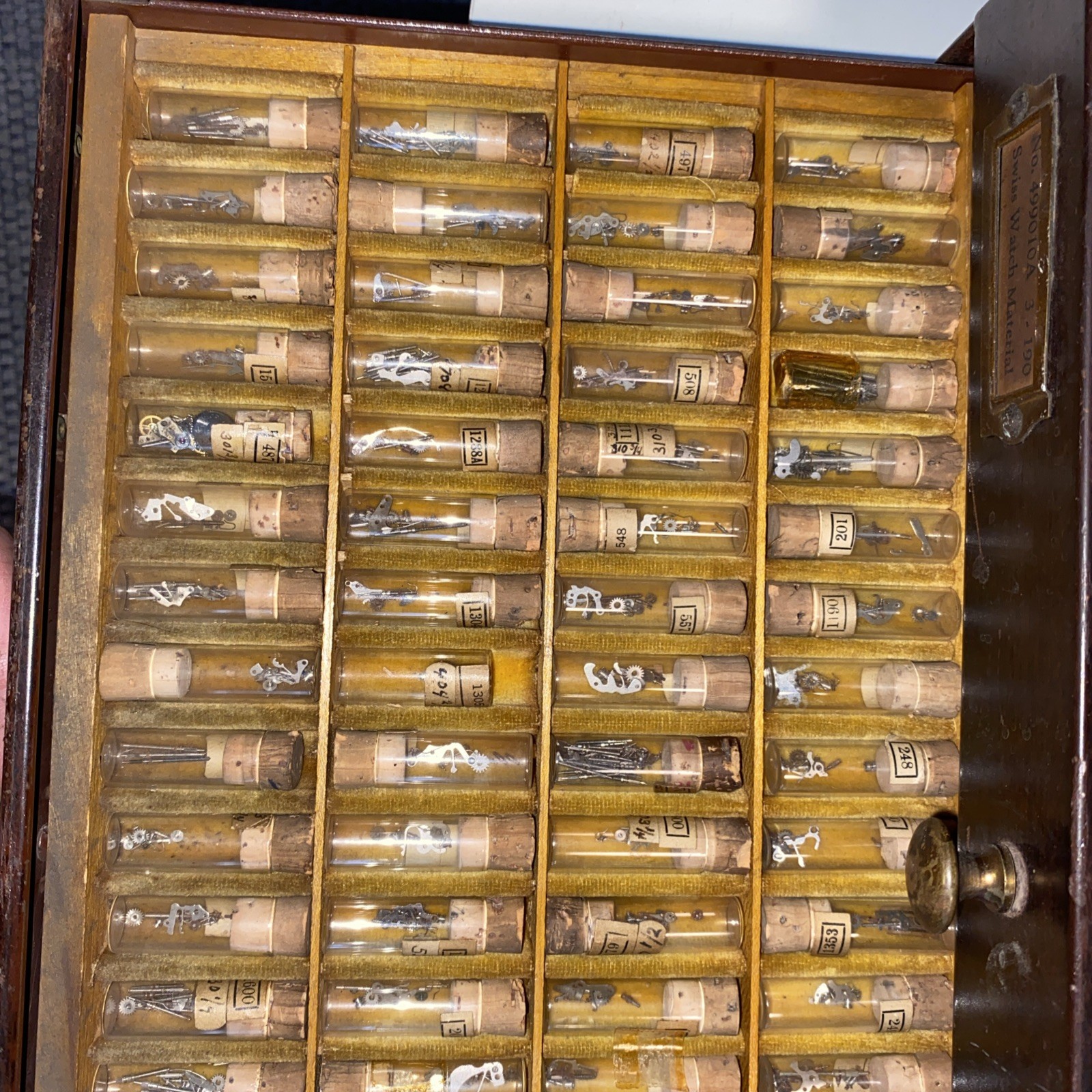 VTG SWARTCHILD & CO BOX CASE WATCHMAKER REPAIR WATCH ASSORTED PARTS GLASS VIALS