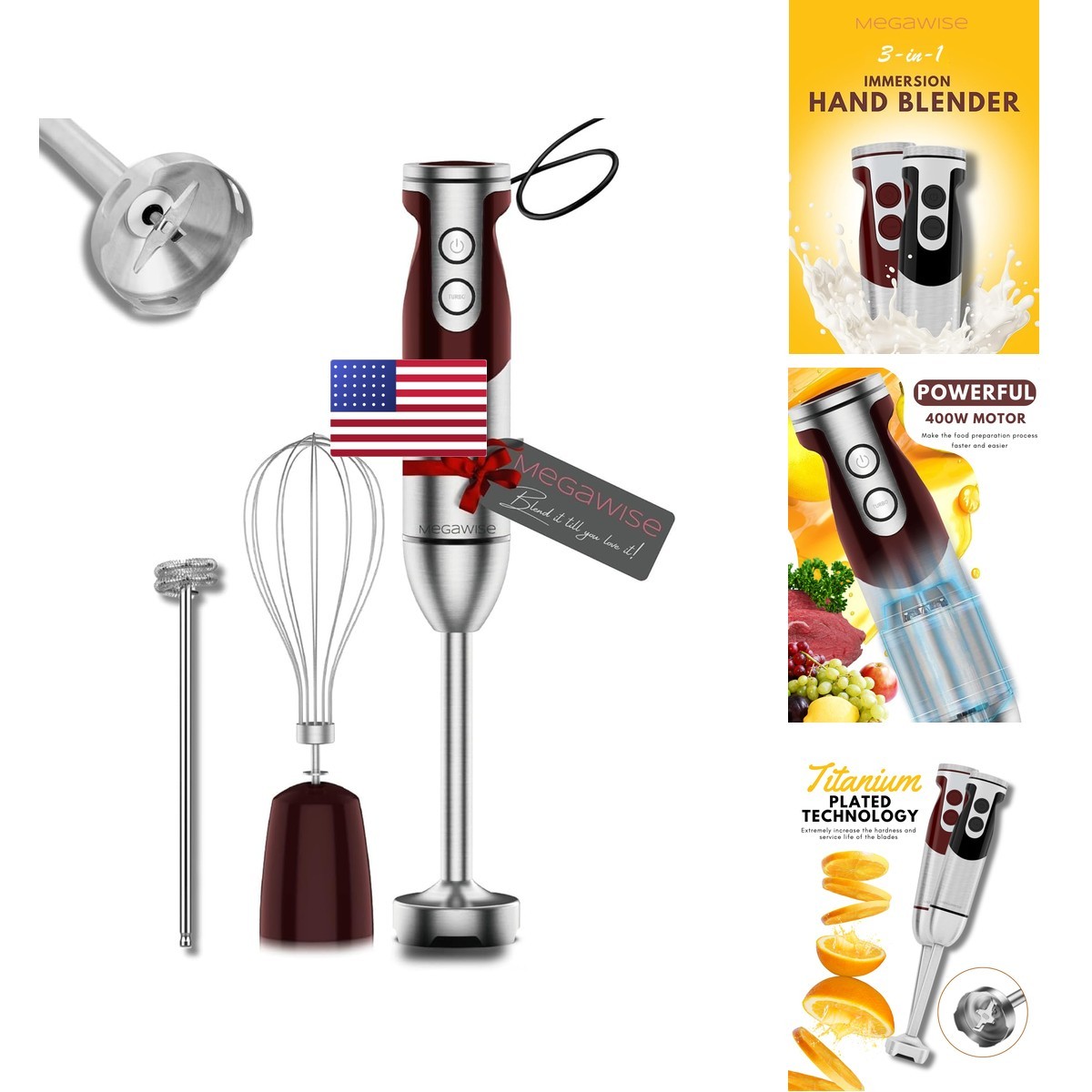 MegaWise RXZER23 3-in-1 Hand Blender 400W Immersion RED