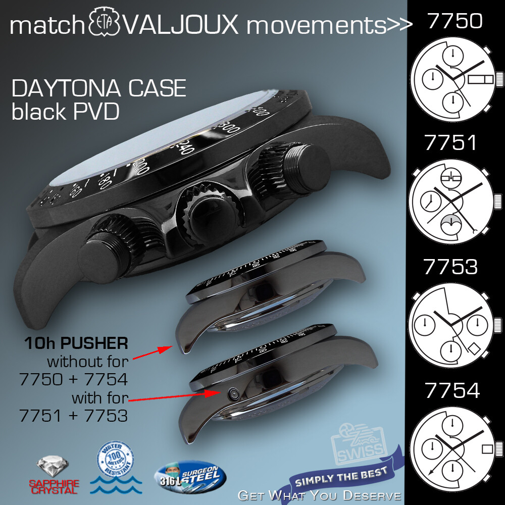 WATCH CASE DAYTONA,TACHYMETER, ETA VALJOUX 7750, 7751, 7753,7754 BLACK, 38MM
