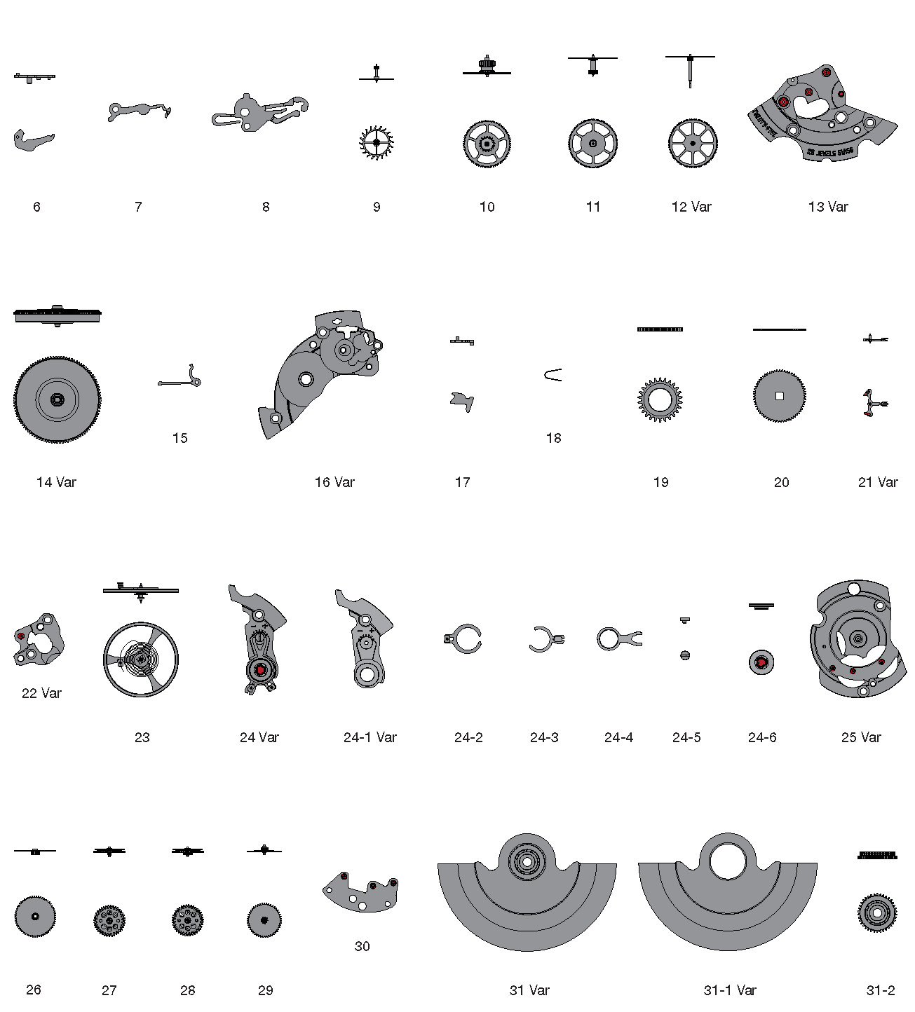 ETA Movement Parts: Balance Staffs, Wheels, Etc. by Part Number [Drop-Down List]