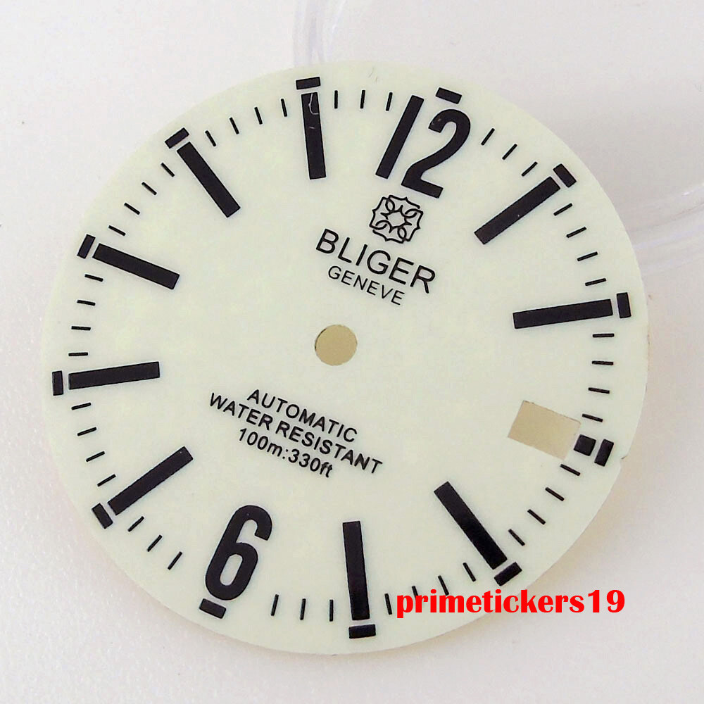 BLIGER 29mm Green White Watch Dial Black Marks Date Luminous Fit NH35 NH36 Movt