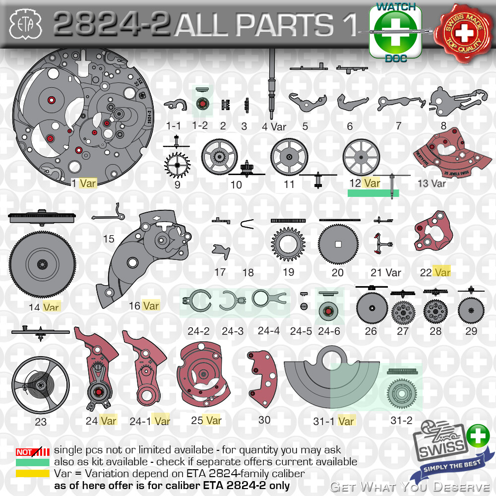MOVEMENT ETA 2824-2 – ALL ORIGINAL PARTS FOR REPAIR – 38 MAJOR COMPONENTS