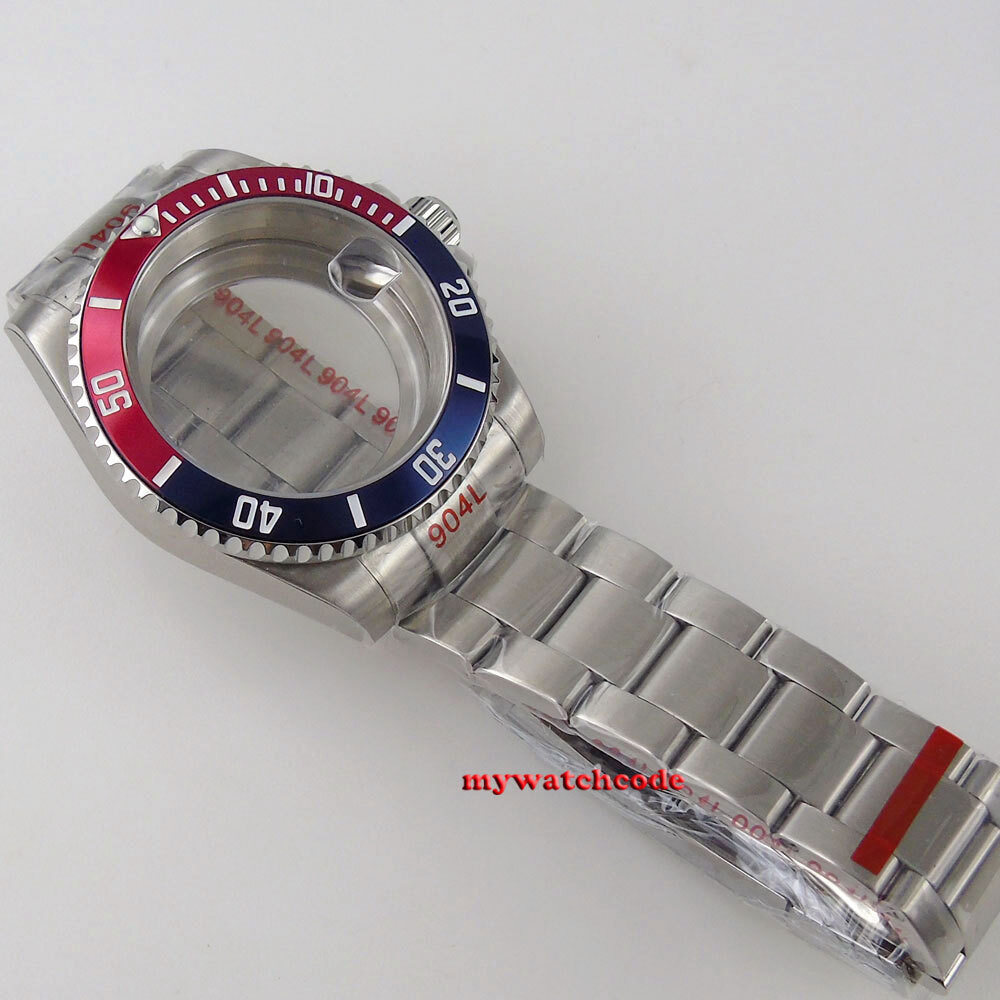 40MM SUB Watch Case Red Blue Bezel Sapphire Glass Fit NH34A NH35 NH36 2824 8215