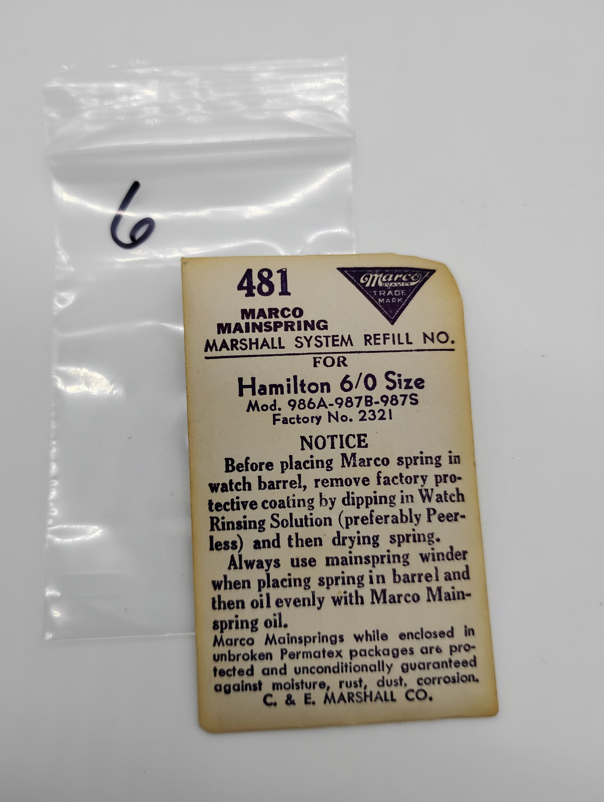 MARCO # 481 Mainspring For Hamilton 6/0 Size Factory No.2321